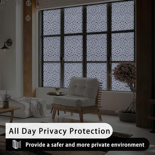 ConCus-T Blackout Privacy Window Film Full Shade Opaque UV Resistant Static Cling Window Film Non-Adhesive Removable Film Home Office Decor, Black Snowflake Lace Frosted Design, 11.81" x 78.74"