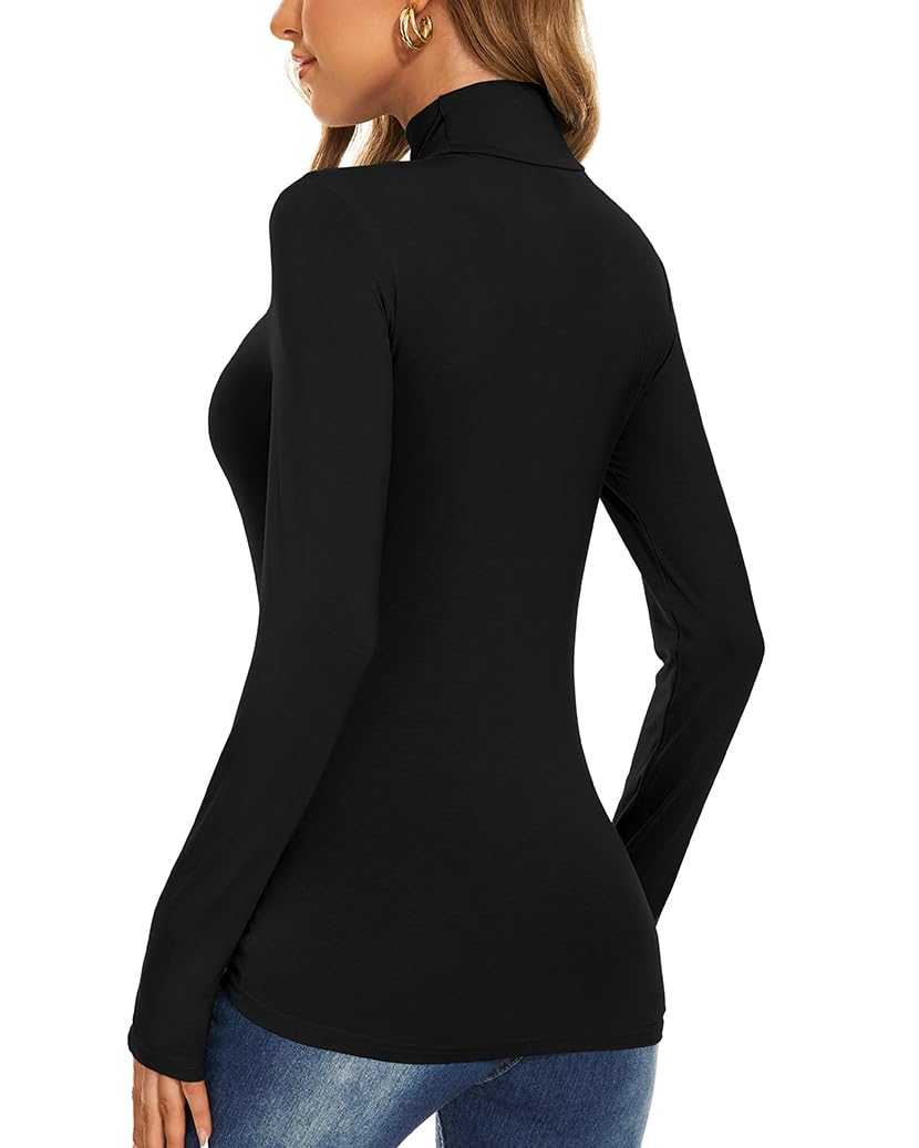 Women's Long Sleeve Mock Turtle Neck Tops Lightweight Slim Fitted Base Layer Shirts Black Medium