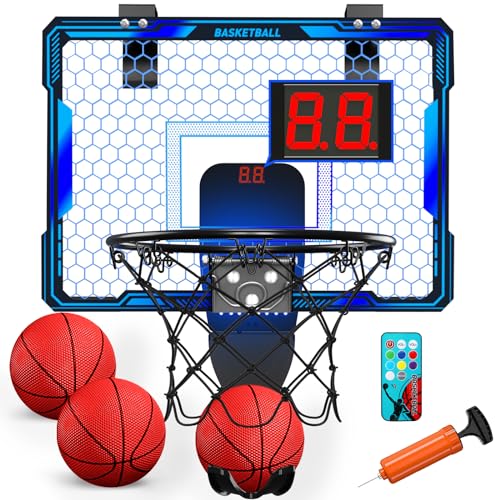 HYES Mini Basketball Hoop Indoor, Over The Door Basketball Hoop with Scoreboard/Ball Stand/3 Balls, Basketball Toy Gifts for Kids Boys Girls Teens Adults, Suit for Bedroom/Office/Outdoor/Pool, Black