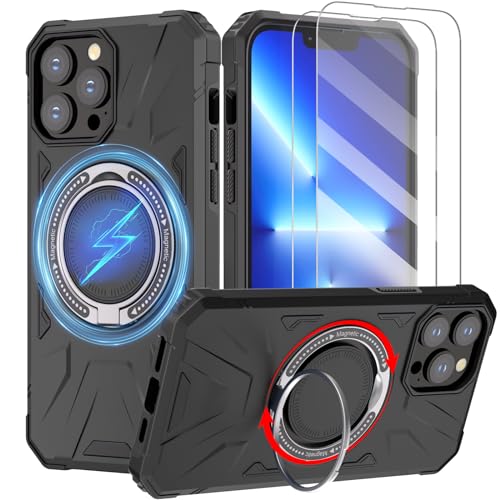 KSWOUS Magnetic for iPhone 13 Pro Case with Stand [Compatible with MagSafe] + Screen Protector[2 Pack], Military Shockproof Cover Rugged Phone Case, Built in 360° Rotatable Ring Kickstand, Black