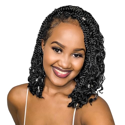 Niseyo Goddess Box Braids Crochet Hair 12 Inch 8 Packs Short Crochet Box Braids Pre Looped Curly Ends Gray Boho Style Synthetic Hair (Tgrey/Ombre Grey)