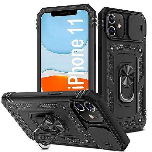 PASNEW for iPhone 11 Case with Camera Cover,Magnetic Ring Kickstand & Charge Port Dustproof,Military Full Body Rugged Shockproof Protective Hard Shell for iPhone 11,6.1 inch,Black