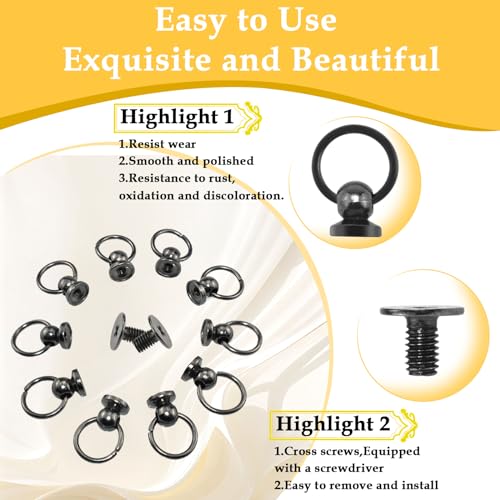 HONSNKS Screwback Round Head Nail Rivet with Pull Ring 8mm Black Leather Rivets Studs for DIY Leather Craft Purse Phone Case Handbag Clothes with Mini Screwdriver, 20PCS