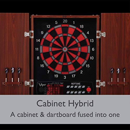 Viper by GLD Products Neptune Electronic Dartboard Cabinet Combo Pro Size Over 55 Games Large Auto-Scoring LCD Cricket Display Extended Dart Catch Area 16 Player Multiplayer with Soft Tip Darts and Power Adapter , 21.5" L x 26.5" W x 3.5" H
