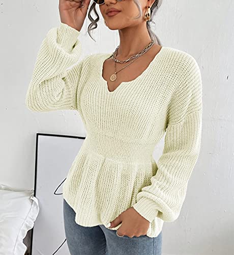 Veatzaer Womens Long Sleeve Knit Sweater V Neck Drop Shoulder Babydoll Sweater Solid Sweater Pullover Grey