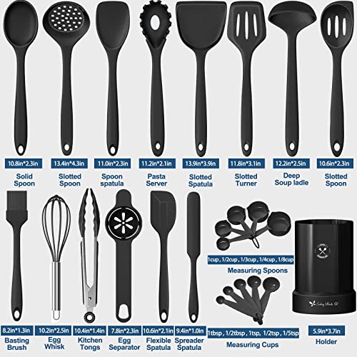 Silicone Kitchen Cooking Utensil Set, Fungun 25 Pcs Kitchen Utensils with Spatula, Spoon, Turner, Tongs, Heat Resistant Kitchen Gadgets Tools Set for Nonstick Cookware Black (Dishwasher, BPA Free)