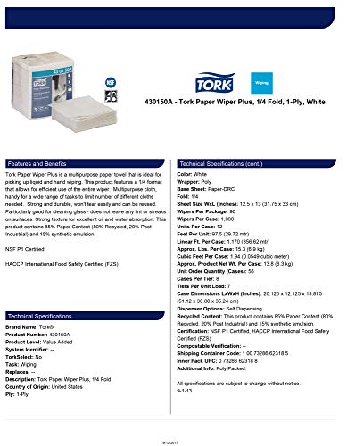 Tork Paper Wiper Plus White Self Dispensing, 1/4 Fold, 430150A