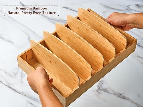 Umilife Large Food Container Lids Organizer for Kitchen Cabinet and Drawer, Bamboo Organizer with 5 Tall Adjustable Dividers, Plastic Lids Organization and Storage