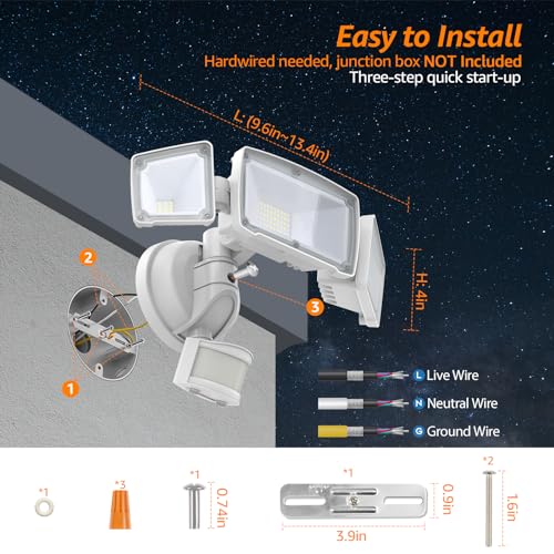 HGGH LED Motion Sensor Outdoor Lights Security Lights,38W 4200LM Flood Lights Outdoor Motion Sensor Lights,6000K,IP65 Waterproof,3 Head Motion Detection Outdoor Lights for Yard Garage Porch