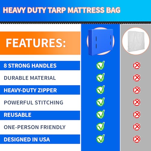 Twin Mattress Bag for Moving and Storage, Reusable Heavy Duty Tarp Waterproof Twin Size Bed Mattress Cover, Zippered Mattress Protector with 8 Strong Carrying Handles, 77’’ L x 42’’ W x 15’’ D