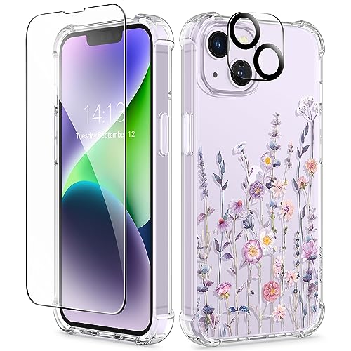 GVIEWIN for iPhone 14 Plus Case Floral, with Screen Protector + Camera Lens Protector, Clear Flower Shockproof Soft Protective Floral Designed Women Phone Cover, 2022 6.7 Inch (Hibiscus)