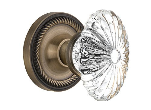 Nostalgic Warehouse 711788, Passage-2.375", Antique Brass Rope Rosette with Oval Fluted Crystal Glass Knob