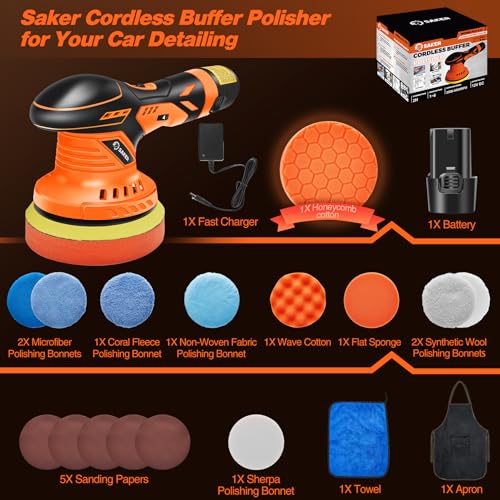 Saker Cordless Buffer Polisher, 6 Inch Fast Charging Portable Car Polishing Kit with 12V 2000mAh Battery, Polisher for Car Detailing Polishing Waxing