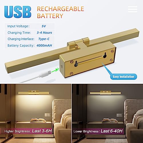 VOLISUN Picture Light Battery Operated with Remote, 3CCT Dimmable Picture Light for Paintings, USB-C Rechargeable, 15.7in Battery Operated Wall Sconce for Art Painting Gallery Bedroom Computer(Gold)