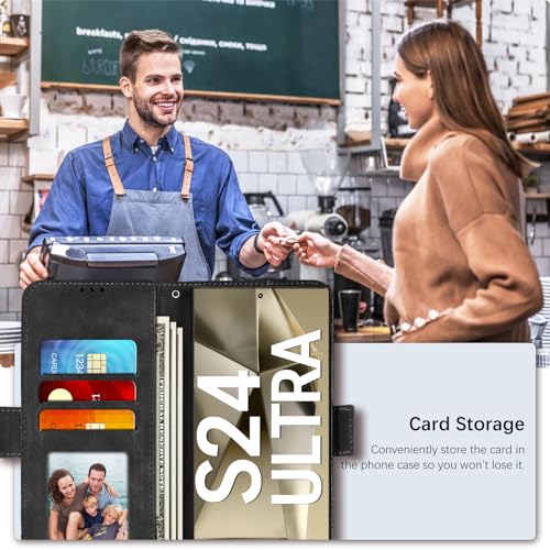 Fiyer Leather RFID Case for Samsung Galaxy S24 Ultra 5G Case 6.8-inch, Case with 3+2 Card Slot and Cash Pocket, Built-in Kickstand, Rugged Protective Case Designed for Galaxy S24 Ultra 5G (Black)