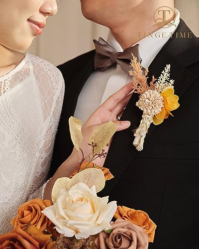 TINGE TIME Boutonniere for Men Wedding, Set of 6, Beige Artificial Groom Boutineer for Wedding Ceremony Anniversary, Formal Dinner Homecoming and Prom