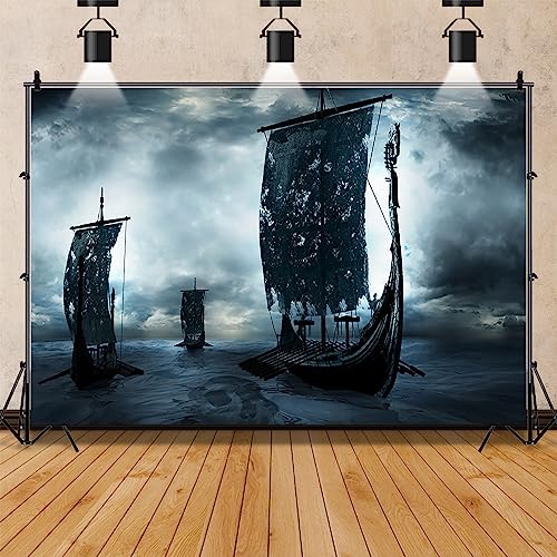 AOFOTO 15x8ft Three Pirate Sailing Ship at Ocean Night Backdrop Happy Halloween Party Decorations Fantasy Galleon Viking Dark Magical Evil Corsair Sea Rover Background Photo Studio Props Vinyl