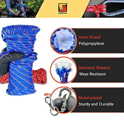 Wellmax Diamond Braided Nylon Rope with Uv Treatment and Weather Resistant, 2 Pack 1/4 Inch X 100ft, 3/16" X 25ft Multi-Color with 4 Bonus Quick Links