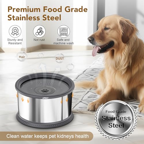 UPSKY 6.5L Dog Water Bowl,1.6 Gallon Super Large Capacity No Spill Dog Water Bowl,Stainless Steel Spill Proof Slow Water Feeder,No Splash Water Bowl with Anti-Slip Mat for Messy Drinkers Grey