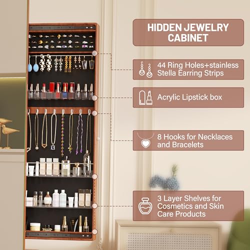 LVSOMT 360° Swivel Jewelry Armoire, Rotatable Full Length Mirror with Jewelry Storage, Standing Jewelry Cabinet with Coat Rack, White, Soild Wood