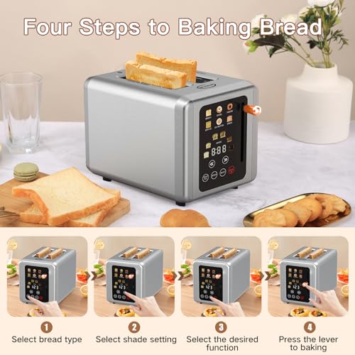 Touch screen Toaster 2 slice, Stainless Steel Digital Timer Toaster with Sound Function, 6 Bread Types & 6 Shade Settings, Smart Extra Wide Slots Toaster with Bagel, Defrost Functions (grey)