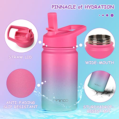 Mininoo Insulated Kids Water Bottle, 12 oz Stainless Steel Water Bottle Kids with Straw Lid and Chug Lid for Girls, Boys (Punch/Green)