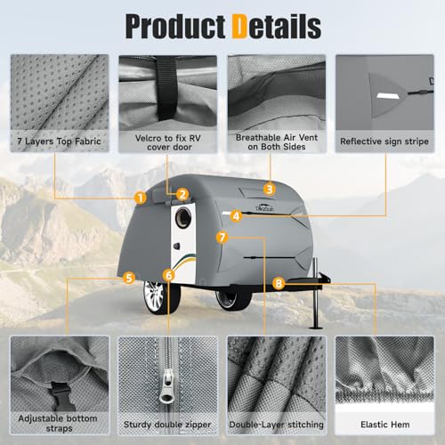 Teardrop Trailer Cover, 7 Layers Waterproof Camper Cover (Fits 5' - 8' Trailers), Tear-Resistant Travel Trailer Cover for Forest River R-Pod Trailers Clamshell Trailers