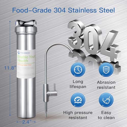 FACHIOO Stainless Steel Under Sink Water Filter with Ceramics Purification Filter, Under Sink Water Filtration System, NSF/ANSI 42 Certified, Reduces PFAS, PFOA/PFOS, Lead, Chlorine, Bad Taste & Odor