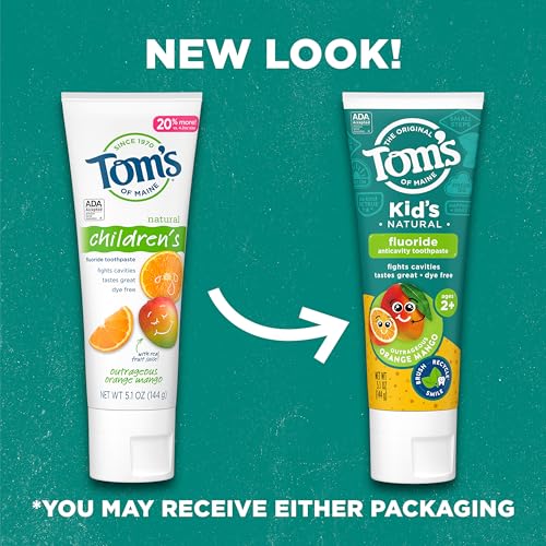 Tom's of Maine ADA Approved Fluoride Children's Toothpaste, Natural Toothpaste, Dye Free, No Artificial Preservatives, Outrageous Orange Mango, 5.1 oz. 3-Pack (Packaging May Vary)