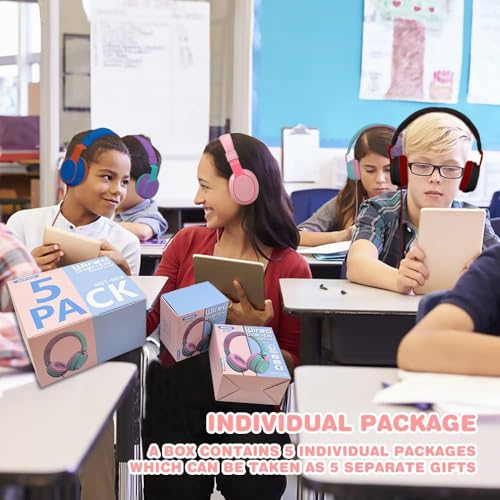 MIDOLA 5 Pack Kids Headphone Wired Inline Over-Ear/On-Ear Foldable Headset with AUX 3.5mm Cord w/Mic Volume Limited 85/110dB for Child School Cellphone Pad Notebook Bluk Mixed Color