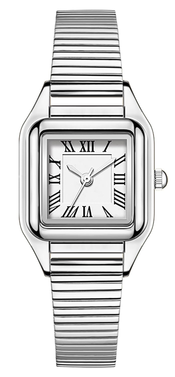BESTKANG Women Watch Square Stainless Steel Waterproof Analog Quartz Roman Numerals Watch (Silver)