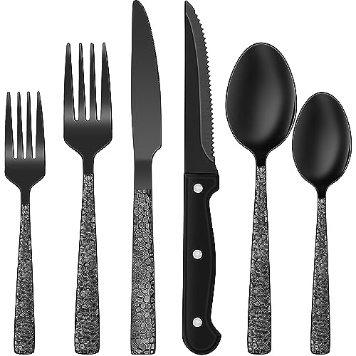 Black Hammered Silverware Set, 24-Piece Stainless Steel Square Flatware Set with Steak Knives for 4, Food-Grade Tableware Cutlery/Utensil Sets for Home Restaurant, Mirror Finish, Dishwasher Safe