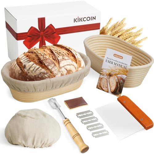 KIKCOIN Banneton Bread Proofing Basket, 10 Inch Oval Sourdough Bread Baking Supplies, Sourdough Proofing Basket Set of 2, Sourdough Starter Kit with Bread Lame, Linen Liner, Metal Scraper