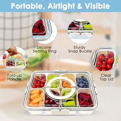 GUANFU Fruit Storage Containers for Fridge - Snackle Box Container Food Storage Containers with Lids Snack Boxes Divided Serving Tray W Lid & Handle for Vegetable Fruits Candy Travel Beach Essentials