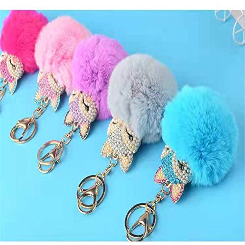 LXSSLY Blue Fox Keychain,Rabbit Fur Ball Pom Pom Crystal Keychain,Diamond Keychain,Rhinestone Car Keychains for Women Girl