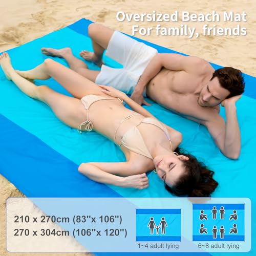 Aocktobar Beach Blanket Sandproof, Extra Large Beach Mat 106'' x 83'' Oversized Big & Compact Travel Mat Quick Drying, Lightweight, Pockets Picnic Mat for Beach, Camping, Hiking