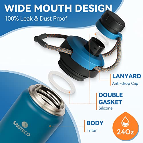 Insulated Water Bottles 24 oz, Santeco Stainless Steel Bottle with Lanyard & Wide Mouth Spout Lid, Leak Proof, Double Wall Vacuum Water Bottle, Keep Drinks Hot & Cold for Hiking Camping