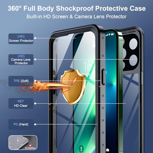 SPIDERCASE for iPhone 13 Pro Case Waterproof, Built-in Lens & Screen Protector, Full Heavy Duty Protection, 12FT Military Shockproof, Dustproof, Anti-Scratched Phone Case,Black/Clear