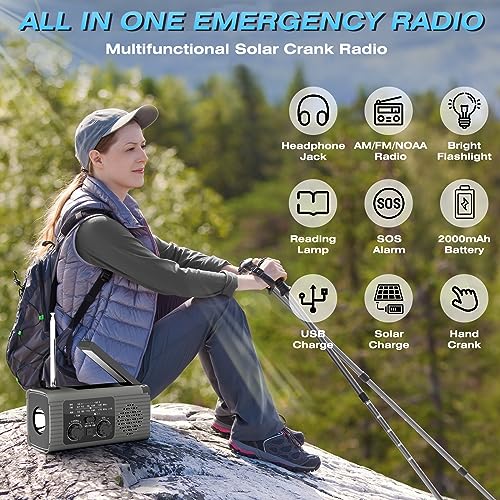 NITIGO Emergency Radio Hand Crank Radio USB Charged Portable Power Bank with Solar Charging, SOS Alarm, AM/FM/NOAA Rdios, 180° Rotate Reading Lamp, LED Flashlight for Camping, Home, Outdoor Emergency