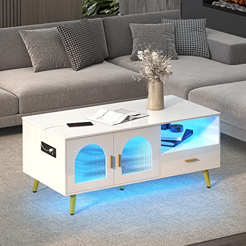 LVSOMT Black Coffee Table with LED Lights, Modern Center Table with Charging Station, High Glossy Accent Furniture for Living Room