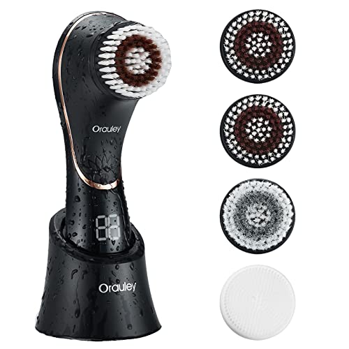 Facial Cleansing Brush, Electric Face Scrubber Rechargeable Exfoliator IPX-7 Waterproof Rotating Cleanser for Exfoliating, Massaging and Deep Cleansing for Women & Men with 4 Brush Heads Black