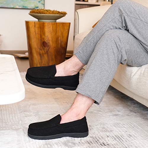 DL Men's Memory Foam Moccasin Slippers Breathable Moccasin Slippers Micro Wool House Shoes Anti-Slip Sole Indoor Outdoor, Black, 8