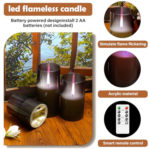 kakoya Flameless Candles Upgraded Realistic Flickering Flame LED Candles,Battery Operated Candles with Remote Timers,Acrylic Electric Candles Set of 3(D 3" xH 6" 6")（Ivory）