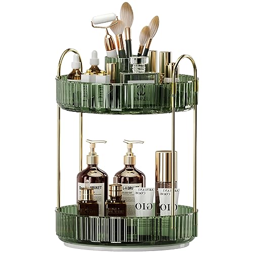 360° Rotating Makeup Organizer, Large-Capacity Skincare Make Up Storage 2 Tier Perfume Organizers Cosmetic Dresser Organizer with Makeup Brush Holder, Fits Bedroom, Bathroom, Vanity Shelf Countertop