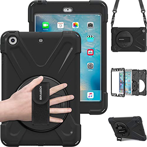 BRAECN iPad Mini 3/ Mini 2 Case] Full Body [Shock Proof for Kids Case] -360 Degrees Swivel Stand and Hand Grip Strap/a Shoulder Strap for Kids Black