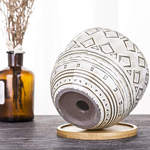 VanEnjoy 5.5 inch Large Round Bohemian Style Ceramic Planter, Geometry Engrave Off White Brown Succulent Planter Flower Pot - Indoor Outdoor Decorative Planter
