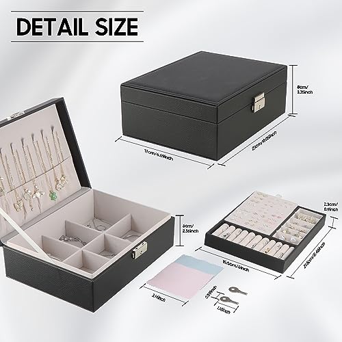 TEIVUL Jewelry Box Organiser for Girls Women,2 Layer PU Leather Jewellery box with 2 Keys,Suitable for Earrings Rings Necklaces Holder(BLACK)