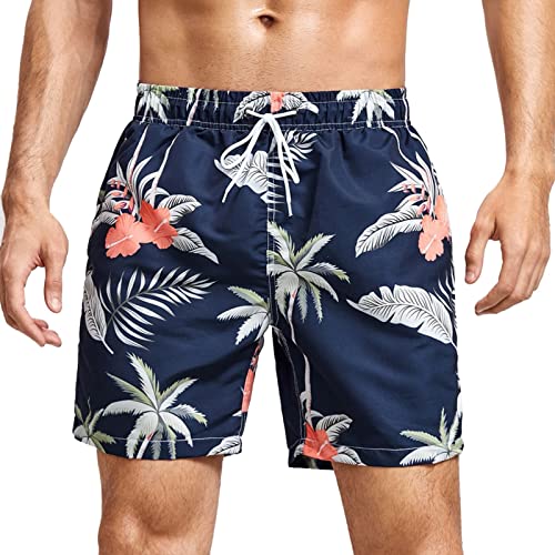 MADHERO Mens Swim Trunks Vintage Floral Quick Dry Beach Shorts Bathing Suit with Mesh Lining Palm Flamingo Size L