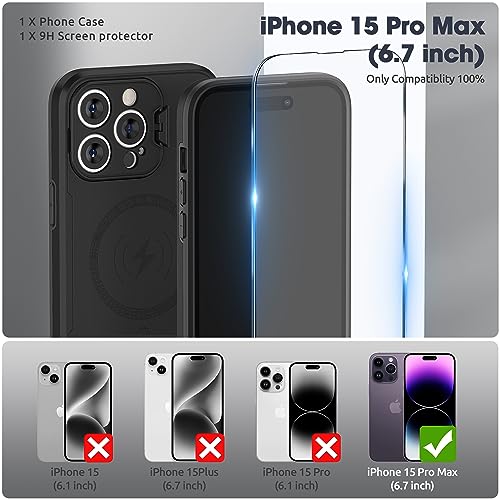 ABITKU Magnetic Case for iPhone 15 Pro Max 6.7 inch, with Camera Protector Kickstand Cover (Compatible with MagSafe & Car Holder), with Screen Protection Shockproof Phone Case for Men Women (Black)