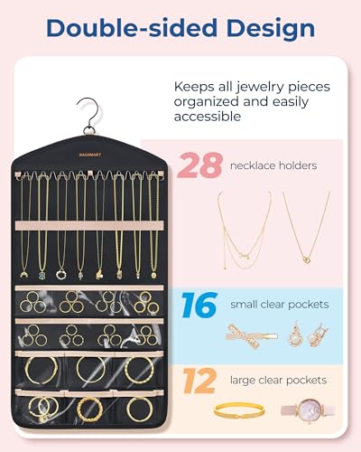 BAGSMART Hanging Jewelry Organizer with Hanger Metal Hooks Double-Sided Jewelry Holder for Organizing Earrings Necklaces Rings Perfect for in Hanging Closet, Wall, Door, 1 Piece, M, Pink